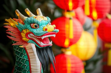 Obraz premium Chinese New Year festive spirit concept. A vibrant dragon statue in front of red lanterns, symbolizing celebration and cultural heritage, often seen during festivals.