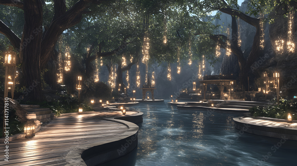 Poster a serene night scene featuring a tranquil river illuminated by hanging lanterns and surrounded by lu