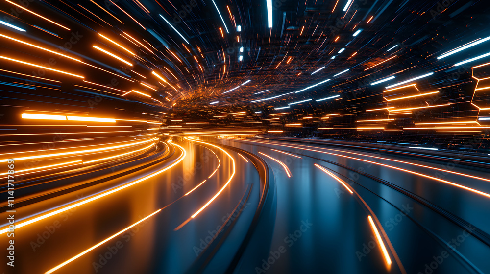 Aufkleber a dynamic image showcasing vibrant orange and blue light trails, creating a sense of speed and movem