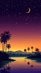 Vertical wallpaper of a captivating sunset with vibrant hues reflecting on a calm river, surrounded by silhouetted palm trees under a crescent moon and star-filled sky, evoking serenity.