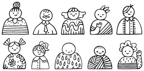 Série de portraits de personnages variés dessinés à la main, dessin composé d'un trait noir sur fond transparent, style doodle mignon et enfantin 