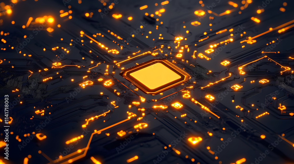 Poster a glowing microchip on a dark circuit board, showcasing intricate connections and illuminating light