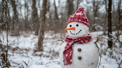 Fototapeta premium Snowman With Red Hat And Scarf In Winter Forest With Snow Falling