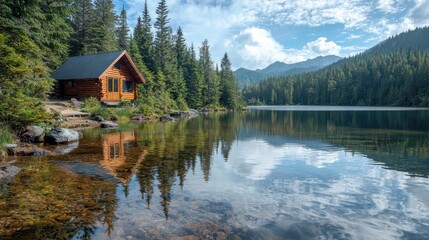 Fototapeta premium A secluded mountain lake surrounded by dense pine forest, reflecting the crystal-clear sky. A small cabin sits on the shore, creating a cozy retreat in nature 