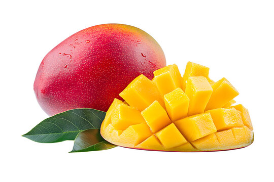 Freshly cut mango with leaves isolated on transparent background