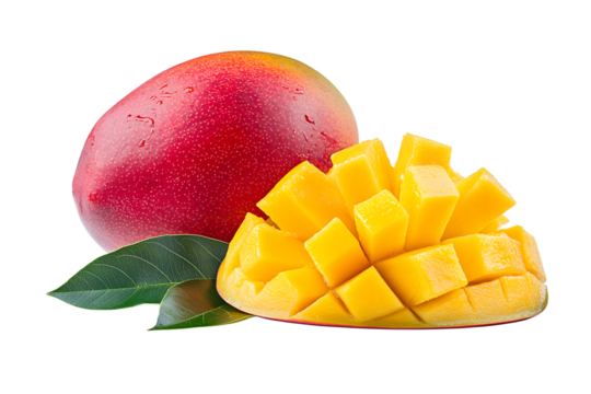 Freshly cut mango with leaves isolated on transparent background