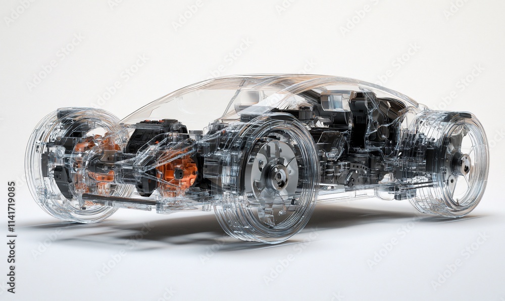 Poster a transparent car model showcasing internal components and design structure.