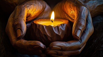 Carved hands hold candle with bright flame.