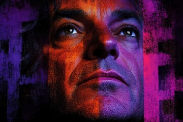 A contemplative middle-aged man with striking blue eyes, illuminated in vibrant purple and orange tones, capturing an intense mood.
