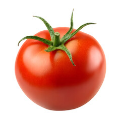 Fresh, water-kissed tomato with vibrant greens isolated on transparent background.