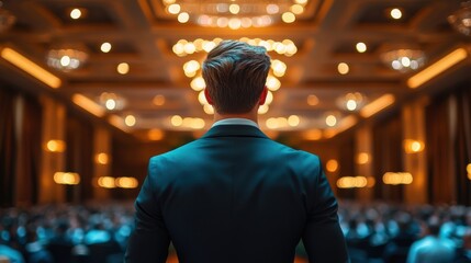 Obraz premium An eloquent speaker stands confidently on stage, addressing a captivated audience in a luxurious ballroom. Elegant chandeliers create a warm atmosphere, enhancing the event's sophistication
