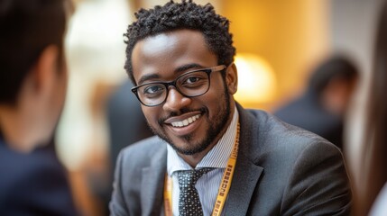 Amidst the dynamic atmosphere of a networking gathering, a confident individual beams with a bright smile while engaging in conversation. The ambiance reflects professionalism and energy