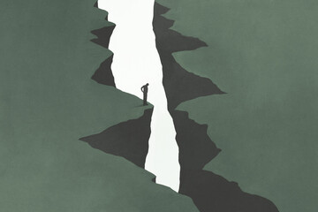 illustration of doubtful man thinks whether to jump to the other side of the mountain, dilemma concept