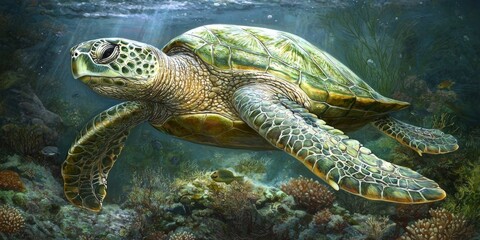 Fototapeta premium Majestic Green Sea Turtle Swimming Gracefully Through Colorful Coral Reef Underwater Scene
