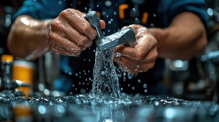 Close-up of hands rinsing a metal part under running water, water splashing.