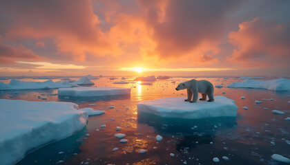 Polar bear on melting iceberg during Arctic sunset symbolizing global warming effects.Save the Earth