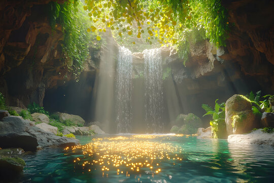 Magical waterfall cascading into a hidden grotto pool, sunlight beams illuminating golden particles.