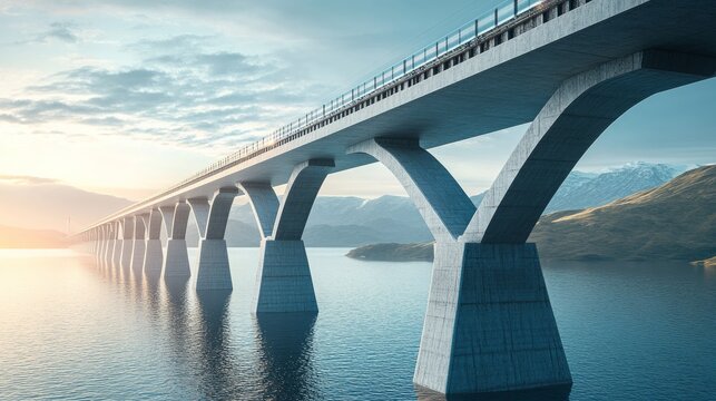 A stunning bridge stretches over calm waters, framed by mountains and a serene sky, evoking a sense of tranquility and connection.