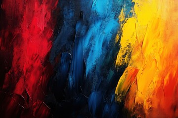 Vibrant abstract painting featuring bold strokes in fiery red, deep blue, and bright yellow hues.