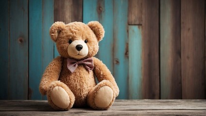 Teddy Bear on Vintage Wooden Background