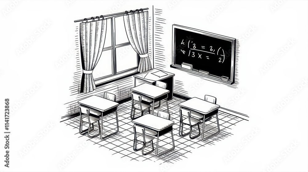 Poster isometric drawing of a classroom setting with desks and blackboard
