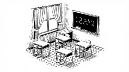 Isometric Drawing of a Classroom Setting with Desks and Blackboard