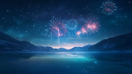 New Year's Eve Fireworks Display Over City with Colorful Lights