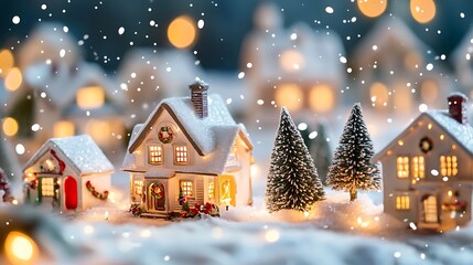 Fototapeta premium Snow-covered holiday village with decorated homes and glowing lights 