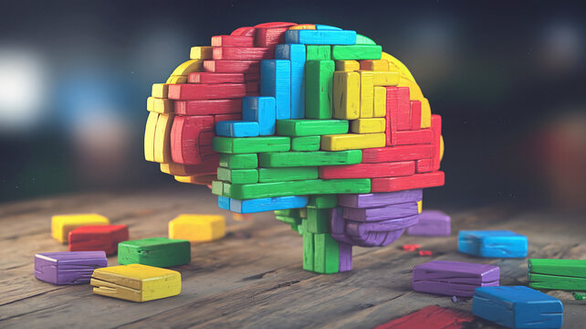 Colorful brain puzzle blocks symbolize the complexity and challenges of dyspraxia.
