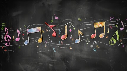 Vibrant brushstrokes dance around musical notes on a chalkboard, inspiring artistic learning