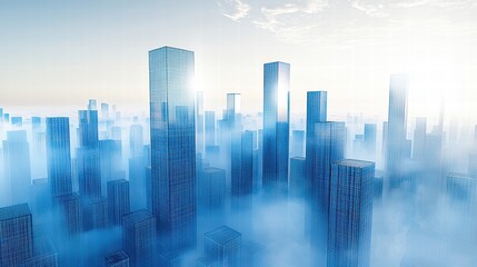 Emerging Urban Landscape City Skyline Digital Art Futuristic Aerial Perspective Blue Uncertainty