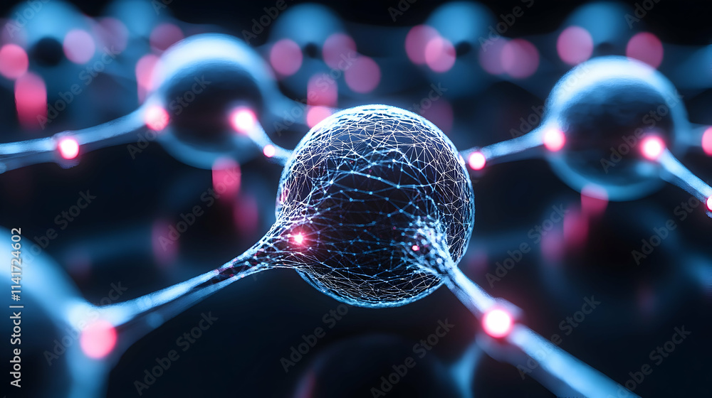 Poster microscopic network of glowing nodes and connections.