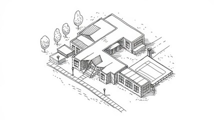 Architectural Sketch of Modern House Design with Pool