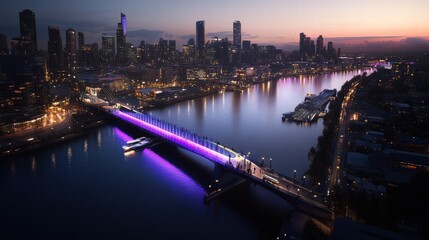 Fototapeta premium Urban Nightscape Indigo Band Lighting Illuminates City Bridge Over River Aerial View Modern Design Concept
