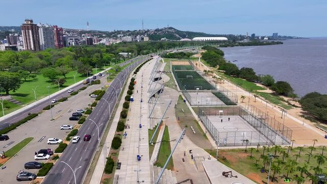 Guaiba Edge At Porto Alegre In Rio Grande Do Sul Brazil. Highrise Buildings. Cityscape Scenery. Recreation Zone. Guaiba Edge At Porto Alegre In Rio Grande Do Sul Brazil.