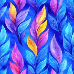 Fototapeta premium Vibrant blue background adorned with colorful stylized leaves in shades of purple, yellow, and blue, creating a lively and artistic pattern.