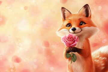 Fototapeta premium cartoon fox holding a pink rose, on a color plan. background with copy space. strong happy emotions. high detail. unusual colored lighting