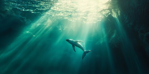 Fototapeta premium Underwater Scene with Sunlight and Marine Life Swimming Gracefully in Tranquil Ocean Environment