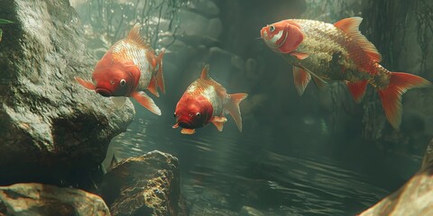 Three Colorful Goldfish Swimming in a Tranquil Underwater Environment Surrounded by Rocks and Vegetation