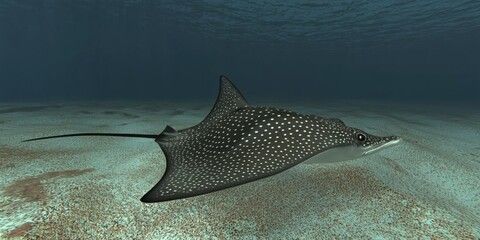 Majestic Spotted Ray Gliding Gracefully Over Ocean Floor in Clear Blue Waters