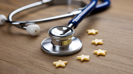 Closeup image of stethoscope and five stars on wooden table with copy space. Patient experience, satisfaction, review and rating concept.
