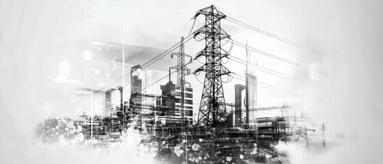 Dynamic collage of energy services illustrating gas, electricity, and water with a striking electric tower in monochrome style