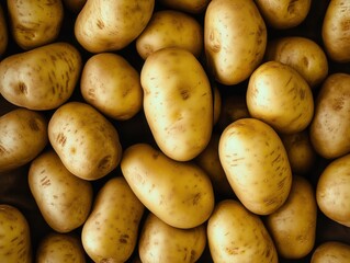 Russet Potatoes Harvest: A close-up shot of many fresh, organic russet potatoes. The image showcases their natural texture and color, perfect for culinary and agricultural contexts. 