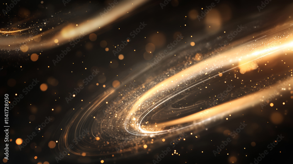 Poster swirling golden lights and particles create a mesmerizing cosmic effect in dark background