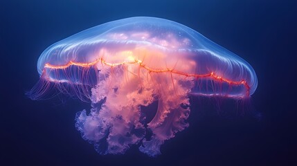 Obraz premium A jellyfish with orange and pink stripes is floating in the ocean