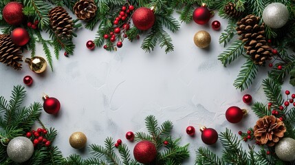 A festive arrangement of holiday decorations featuring ornaments and pinecones on greenery.