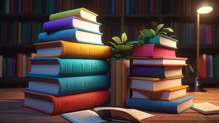 3d rendering of stacked books with colorful covers.
