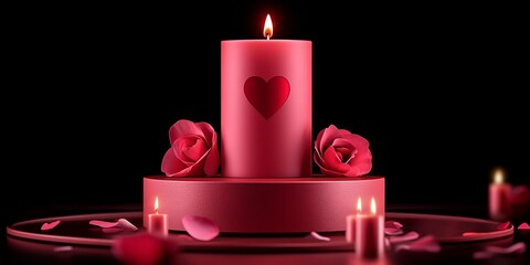 A romantic candle arrangement with red roses and a heart-shaped candle centerpiece.