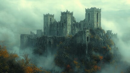 Misty mountaintop, ancient stone castle ruins.