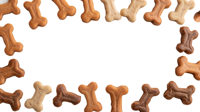Bone shaped dog treats pet food biscuits scattered flat lay composition overhead top view on transparent background cutout, PNG file. Mockup template for artwork. Wallpaper banner border	
